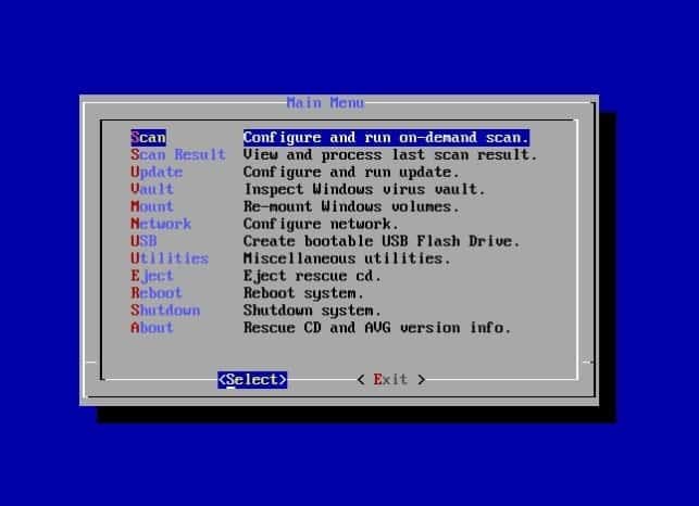 صورة لـ أفضل أدوات مكافحة الفيروسات القابلة للتمهيد المجانية لتنظيف البرامج الضارة من جهاز الكمبيوتر | avg-rescue-disk-menu-min-DzTechs