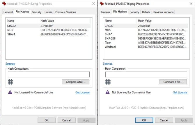 صورة لـ أفضل أدوات التحقق من تجزئة الملف للتحقق من سلامة أي ملف تُحمله | hashtab-extra-hashes-comparison-min-DzTechs