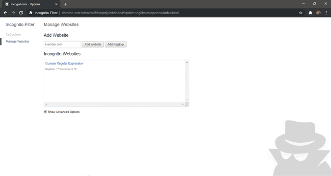 صورة لـ كيفية فتح بحث ويب معين تلقائيًا في وضع التصفح المتخفي في Chrome | incognito-filter-options-page-min-DzTechs