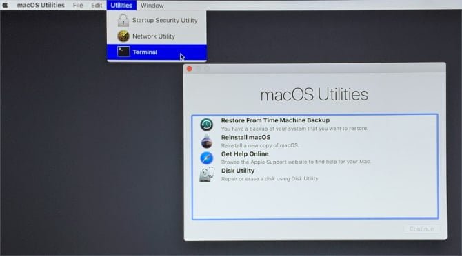 صورة لـ ماذا تفعل عندما تكون النسخ الاحتياطية لـ Time Machine عالقة في المهملات | macOS-Recovery-Mode-showing-Terminal-in-the-menu-bar-min-DzTechs