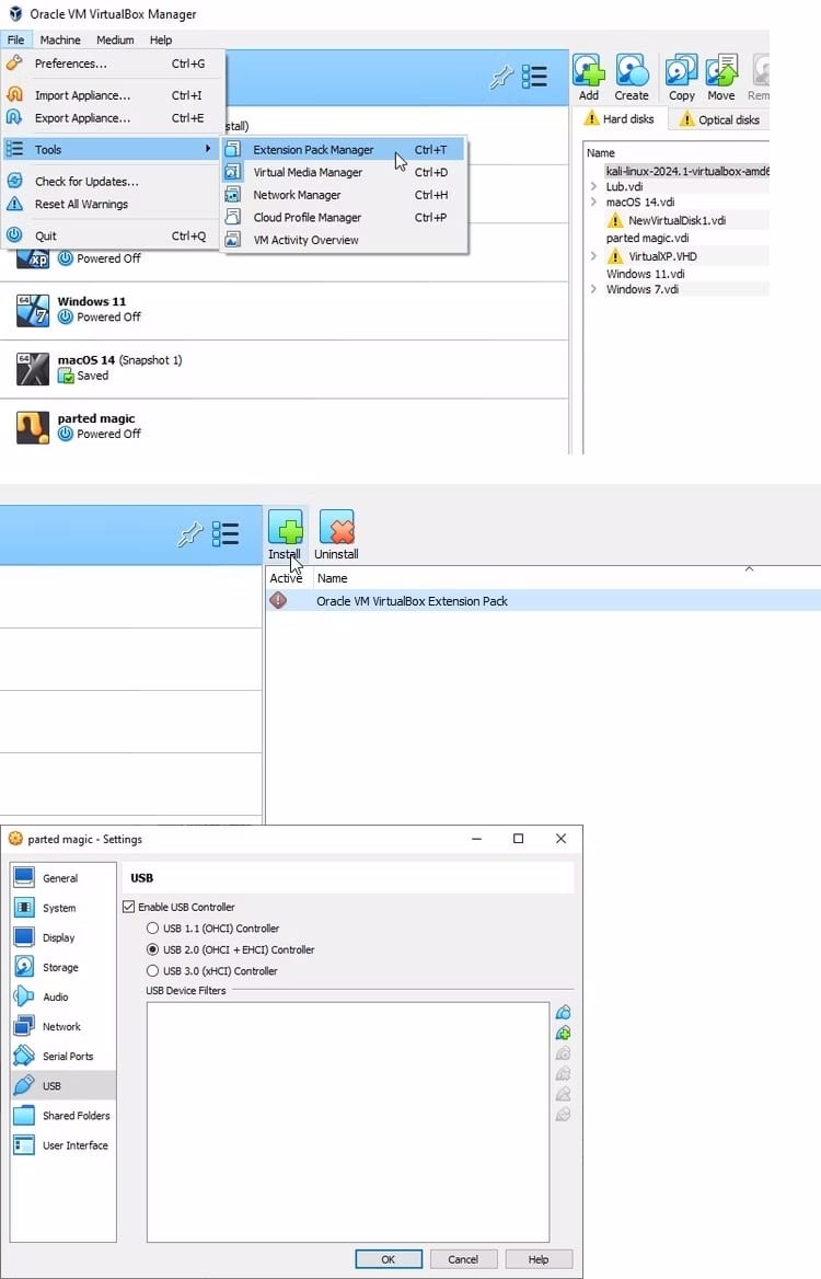 صورة لـ كيفية نقل الملفات بين نظام التشغيل الضيف في الجهاز الإفتراضي والكمبيوتر المضيف | 21virtualbox-extension-manager-options