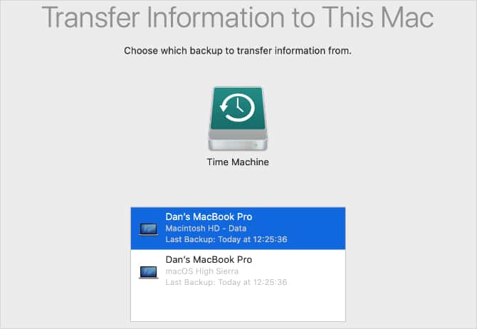 صورة لـ طرق لاستعادة البيانات من النسخ الاحتياطية لـ Time Machine | Migration_Assistant_Time_Machine_backup_selection_window-FVcFyFfs-DzTechs