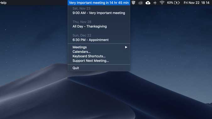 صورة لـ أفضل تطبيقات التقويم على الـ Mac والتي يُمكنك الوصول إليها من شريط القائمة | next-meeting-1-min-DzTechs
