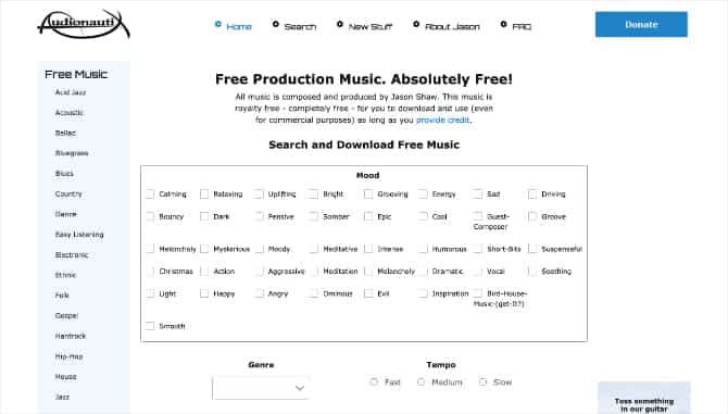صورة لـ أفضل مواقع الويب للحصول على الموسيقى المجانية بترخيص المشاع الإبداعي | Audionautix_website_showing_genres_moods_and_tempo-Cp8UtIfs-DzTechs