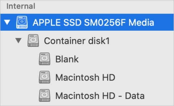 صورة لـ كيفية حذف (أو استعادة) قسم الاسترداد الخاص بـ Mac | Disk_Utility_sidebar_showing_parent_drive_for_Mac_internal_storage-NBh4XHfs-DzTechs