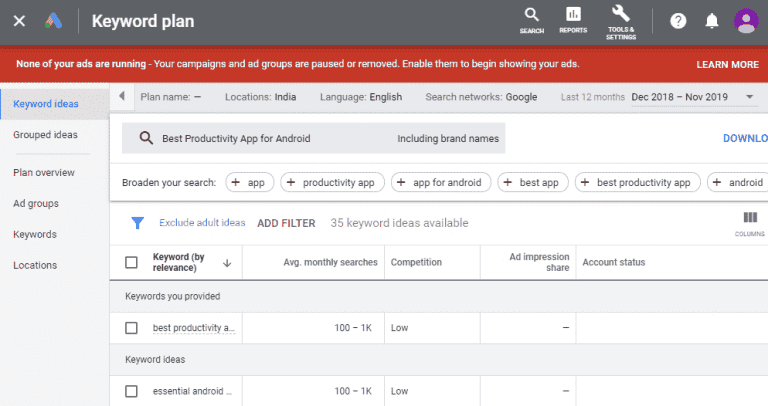 صورة لـ أفضل أدوات الإنتاجية للمدونين التي يتم استخدامها في سير العمل في DzTechs | Google_Keyword_Planner_1_768x406-pFZi2Jfs-DzTechs