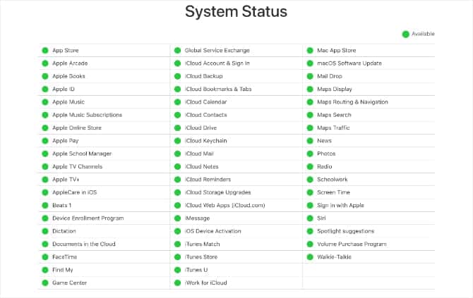 صورة لـ FaceTime لا يعمل أو غير متوفر؟ إصلاحات محتملة لتجربتها | Apple_System_Status_website_showing_all_green_lights-VMO25Ufs-DzTechs