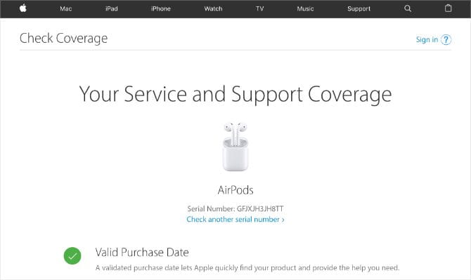 صورة لـ مقارنة بين AirPods المزيفة والحقيقية: أفضل الطرق لاكتشاف السماعات المقلدة | Apples_Check_Coverage_website_showing_valid_AirPods_serial_number_670x399-KU2FrMfs-DzTechs
