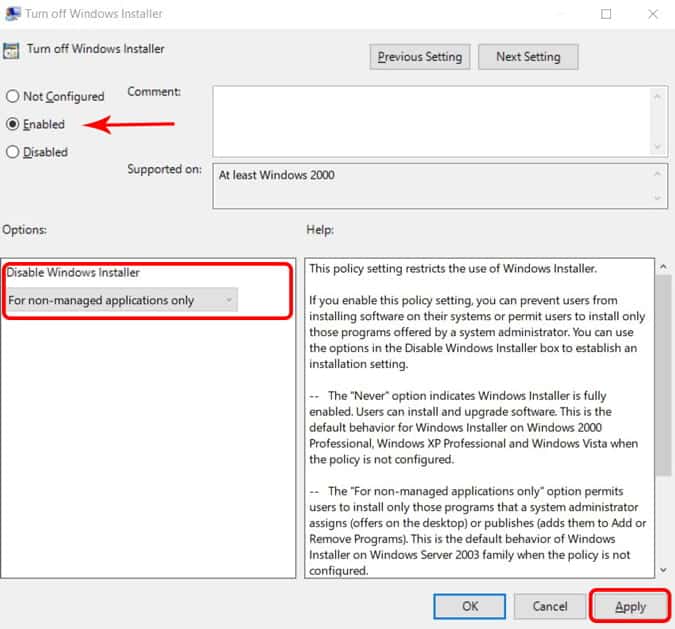 صورة لـ أفضل إعدادات سياسة المجموعة التي تحتاج إلى تعديلها للتحكم في Windows | turn_off_windows_installer_2-uC5S0Yfs-DzTechs