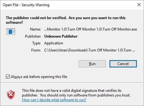 صورة لـ أسرع الطرق لإيقاف تشغيل الشاشة في Windows | Open_File_Security_Warning-TBkmzPfs-DzTechs