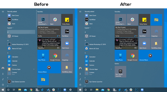 صورة لـ أفضل تخصيصات قائمة ابدأ لنظام التشغيل Windows 10 | add_more_tiles_before_after-txpoUbgs-DzTechs