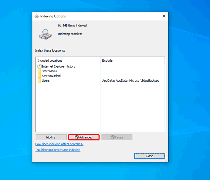 صورة لـ كيفية إصلاح “قائمة ابدأ في Windows 10 لا تعمل”؟ | advanced_indexing_options-5YBsFegs-DzTechs