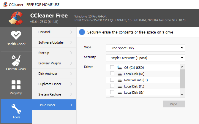 صورة لـ كيفية مسح البيانات على القرص الصلب الخاص بك مع ترك نظام التشغيل على حاله | ccleaner_drive_wipe_option-JyRjxPfs-DzTechs