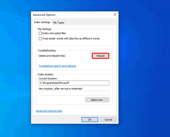 صورة لـ كيفية إصلاح “قائمة ابدأ في Windows 10 لا تعمل”؟ | rebuild_indexing_options_start_menu-luEsFegs-DzTechs