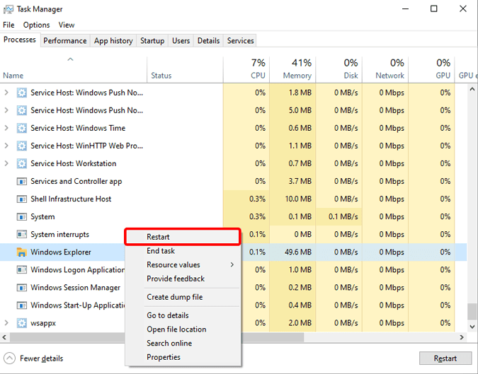 صورة لـ أفضل تخصيصات قائمة ابدأ لنظام التشغيل Windows 10 | restart_explorer_in_windows_task_manager-b4roUbgs-DzTechs