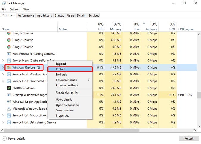 صورة لـ كيفية إصلاح “قائمة ابدأ في Windows 10 لا تعمل”؟ | restart_windows_explorer_on_task_manager-FFWsFegs-DzTechs