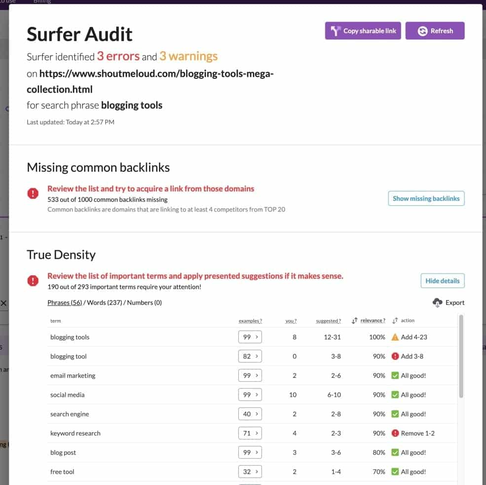صورة لـ أفضل أدوات SEO لتحسين المُحتوى لكسب المصداقية في عام 2023 | Surfer-Audit-min-DzTechs