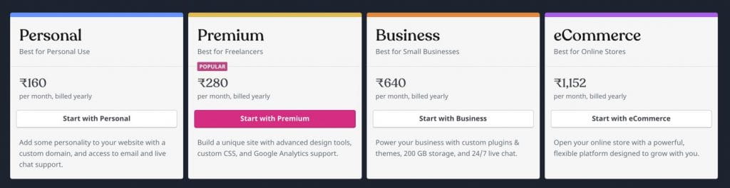 صورة لـ مقارنة بين WordPress.com و WordPress.org: ما الفرق؟ أيهما يجب أن تستخدم؟ | WordPress_com_pricing_India_1024x265-U83Smhgs-DzTechs