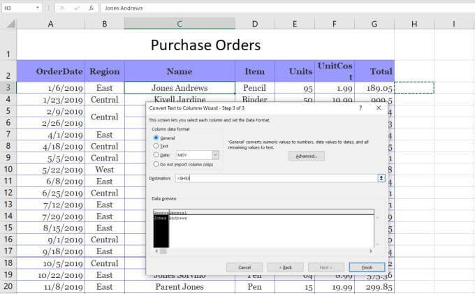صورة لـ 3 طرق لتقسيم الخلية في Microsoft Excel | text-to-columns-wizard3-DzTechs