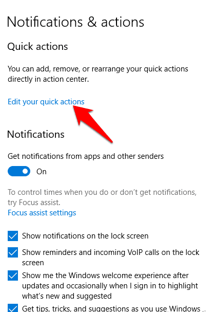 صورة لـ كيفية تعطيل الإشعارات في نظام التشغيل Windows 10 | turn-off-notifications-windows-10-action-center-settings-edit-quick-actions-DzTechs