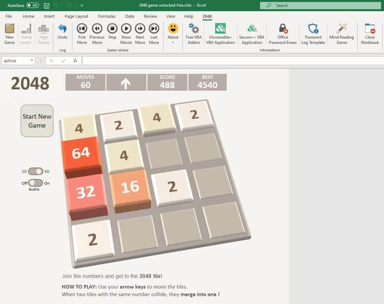 صورة لـ أفضل الألعاب الأيقونية المُعاد إنشاؤها في Microsoft Excel | microsoft-excel-2048-game-min-1