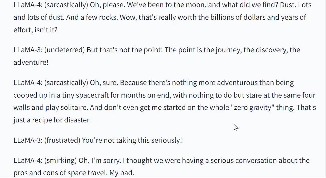 صورة لـ دليل شامل للبدء والاستفادة من نموذج Llama 2 بفعاليَّة | hugging-face-llama-sarcastic-argument-about-space-2