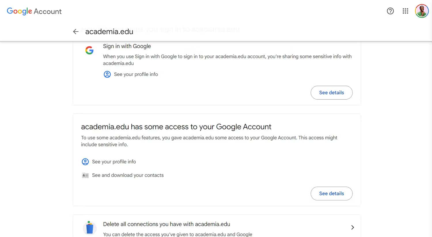 صورة لـ طرق للعثور على جميع الحسابات المُرتبطة بعنوان بريدك الإلكتروني أو رقم هاتفك | a-screenshot-showing-details-of-an-academia-edu-connection-with-a-google-account