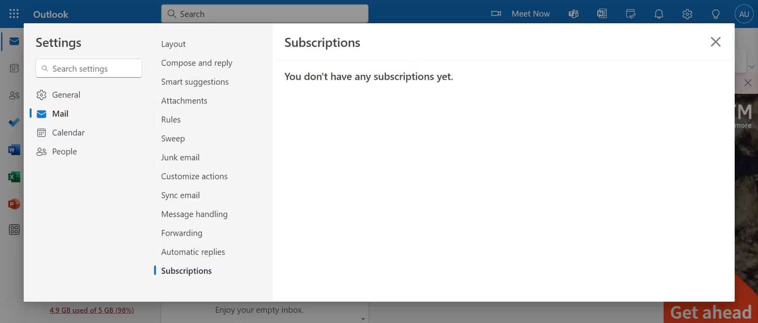 صورة لـ طرق للعثور على جميع الحسابات المُرتبطة بعنوان بريدك الإلكتروني أو رقم هاتفك | subscriptions-tab-in-outlook