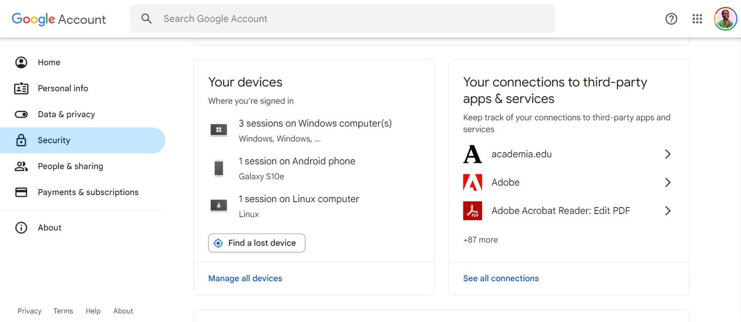 صورة لـ طرق للعثور على جميع الحسابات المُرتبطة بعنوان بريدك الإلكتروني أو رقم هاتفك | your-connections-to-third-party-apps-services-tab-in-google-settings-page