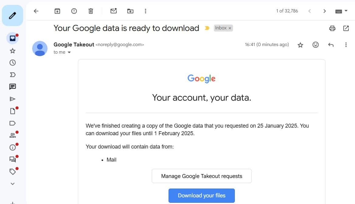 بريد إلكتروني من Google Takeout في Gmail يعرض خيار تنزيل البيانات