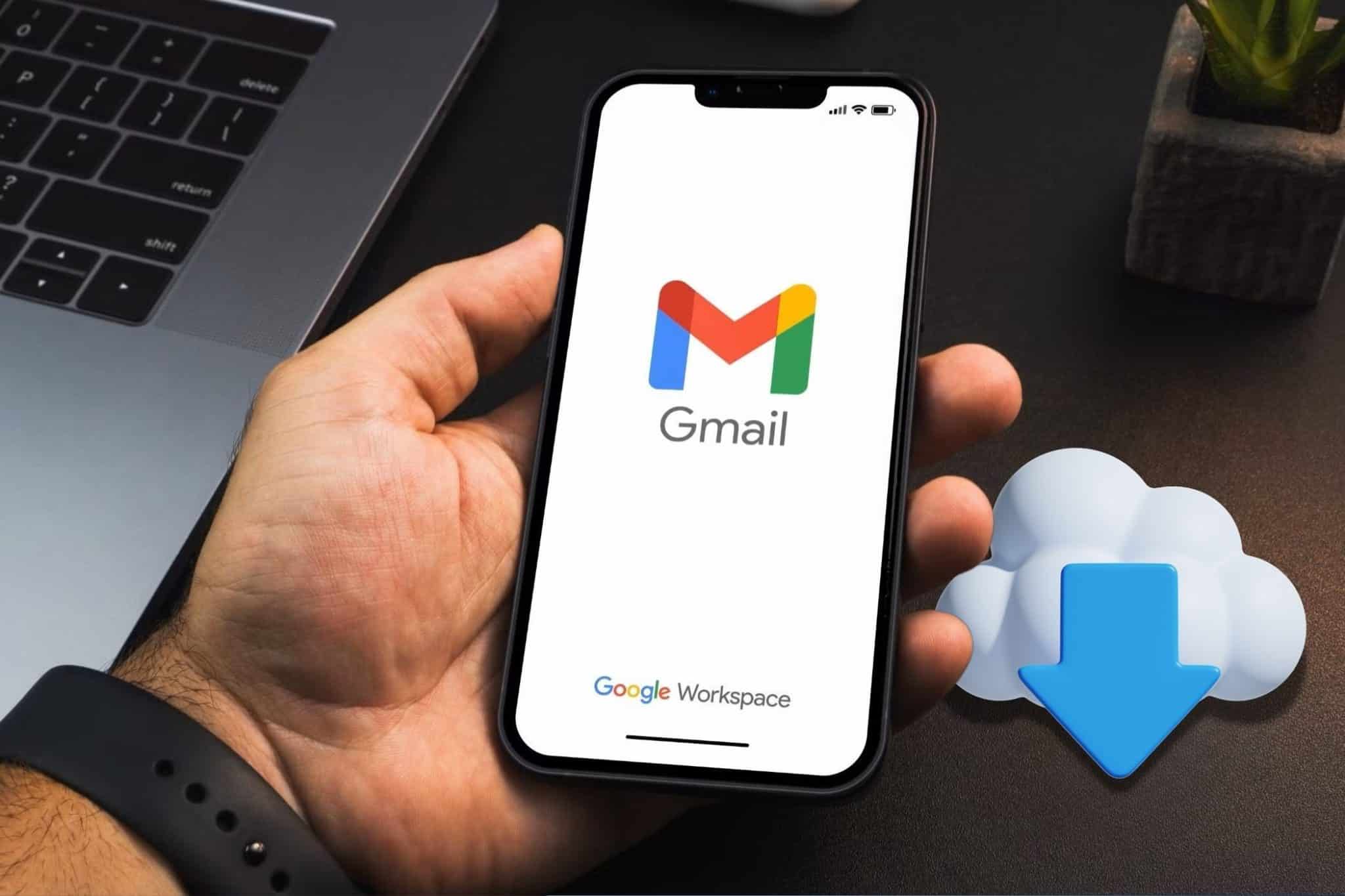 Person holding a phone with Gmail open and download icon on the side
