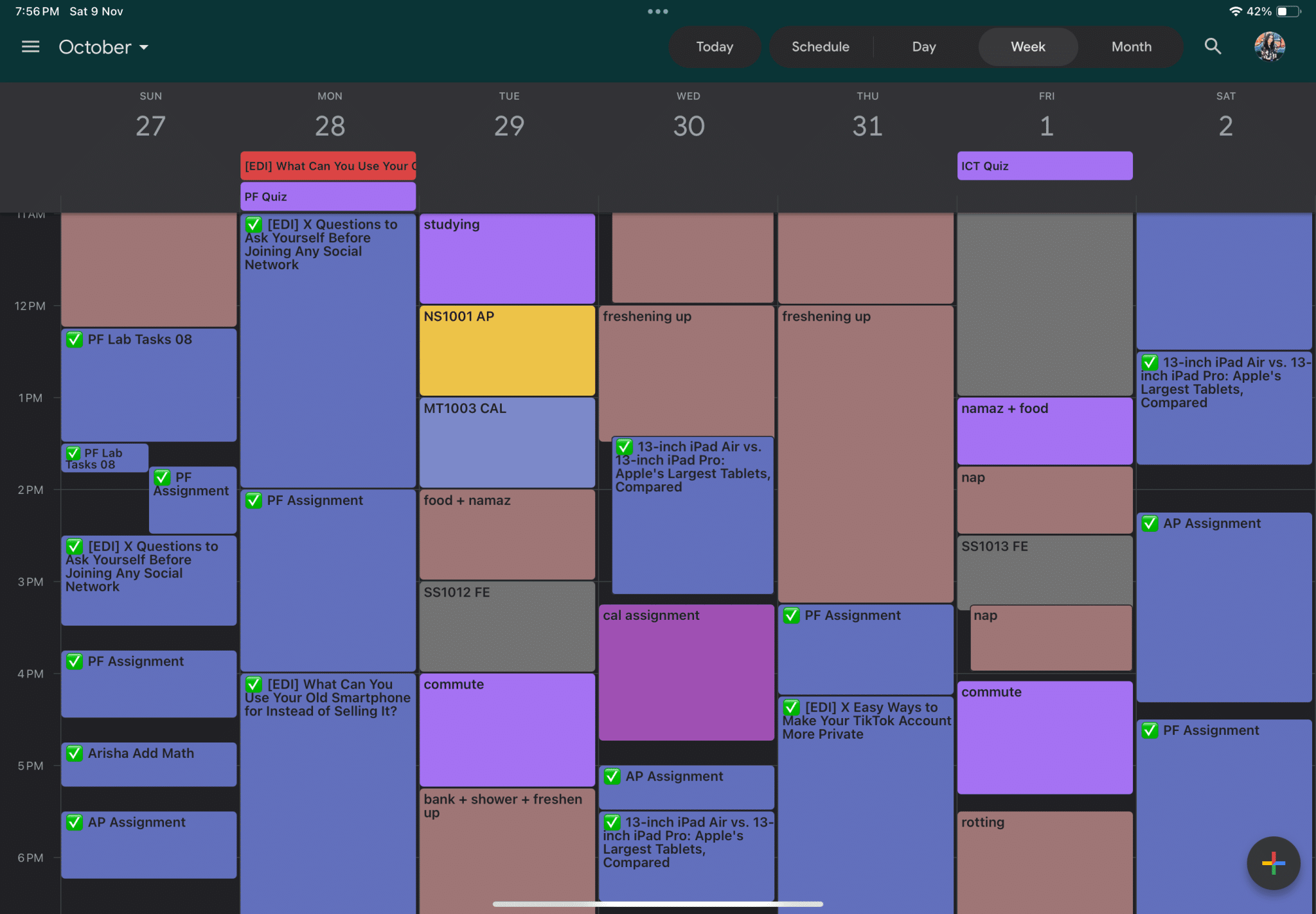 أسبوع مُخطط له في تقويم جوجل