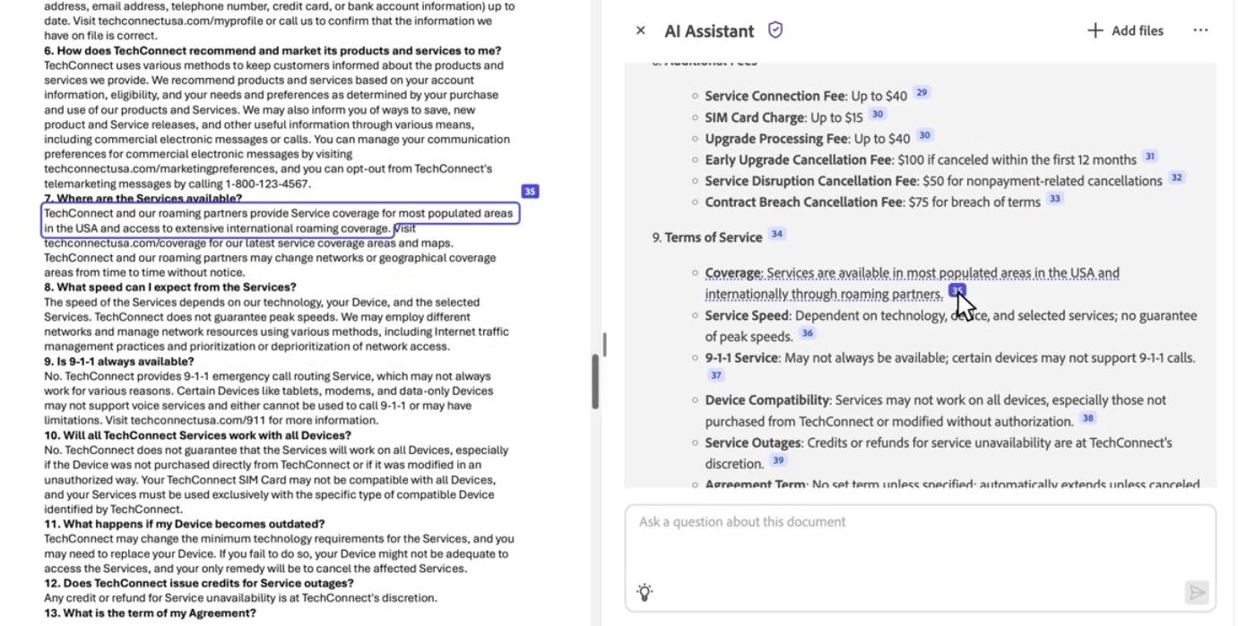 Adobe Acrobat AI citing a contract