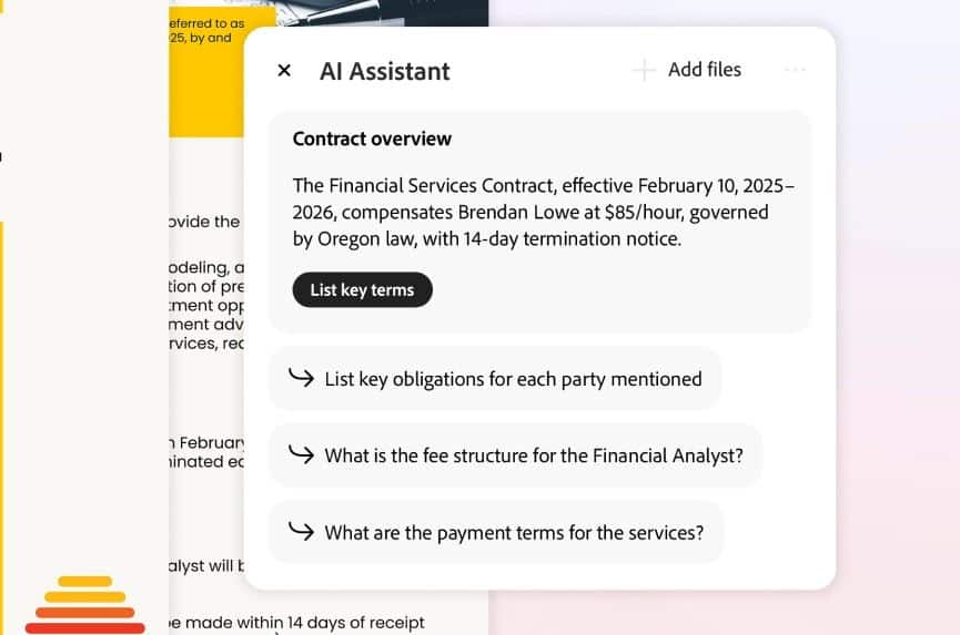 Adobe Acrobat AI listing key terms of a contract