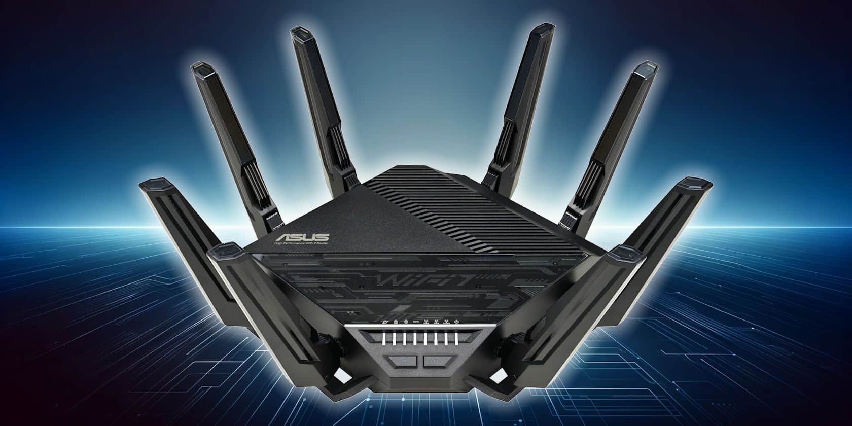asus wifi 7 router on futuristic tech background