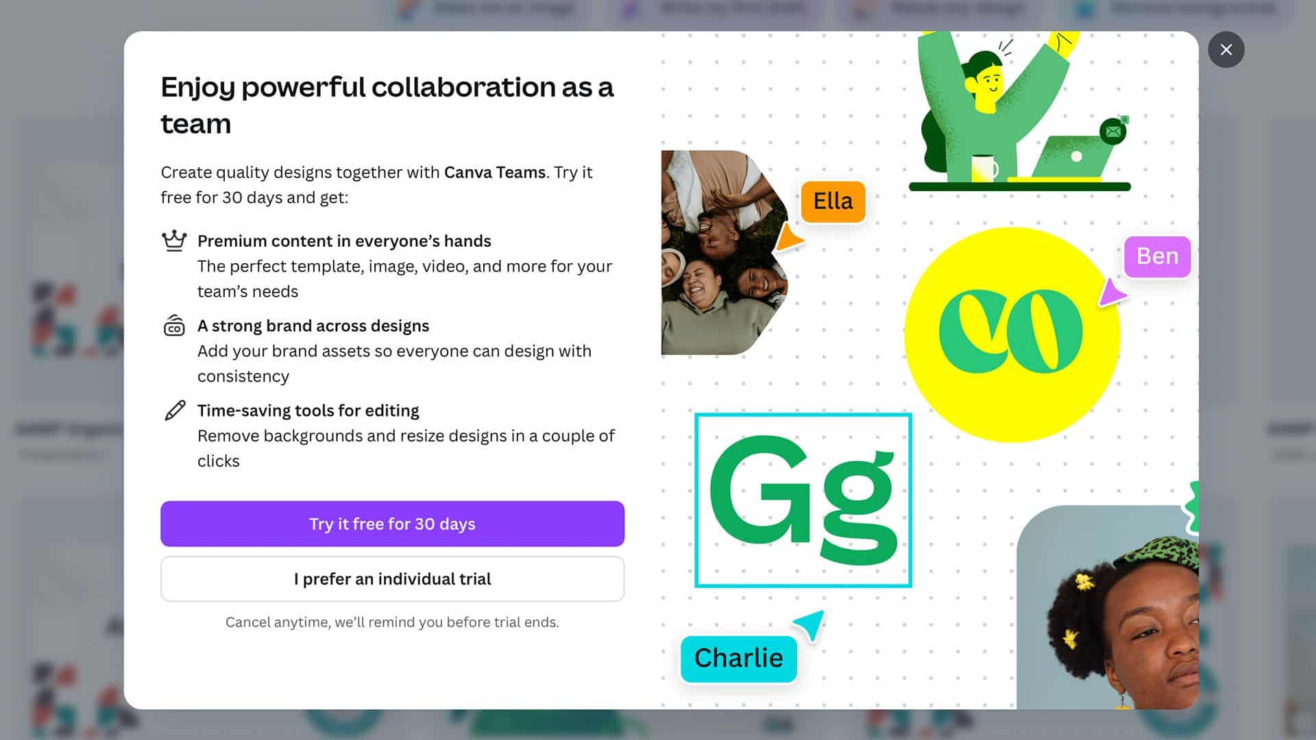 Canva popup trying to sell using Canva Pro via a free trial.