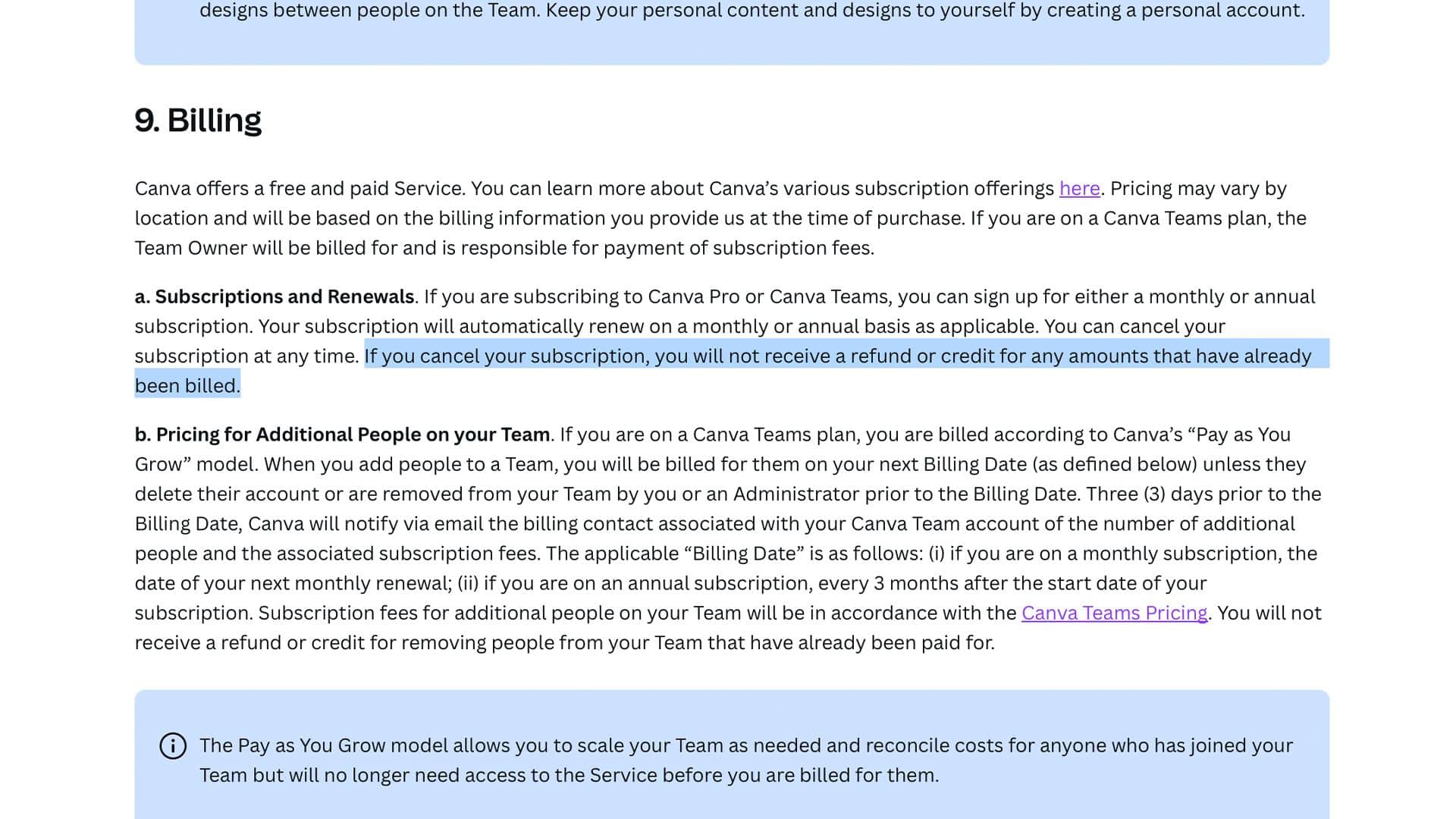 قسم 'الفوترة' في شروط استخدام Canva مع سياسة الاسترداد مُبرزة.