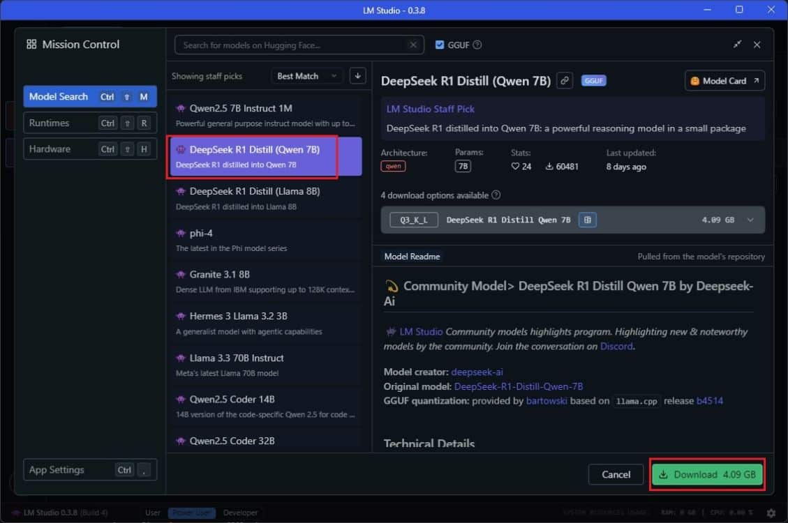 تنزيل نموذج deepseek r1 باستخدام lm studio