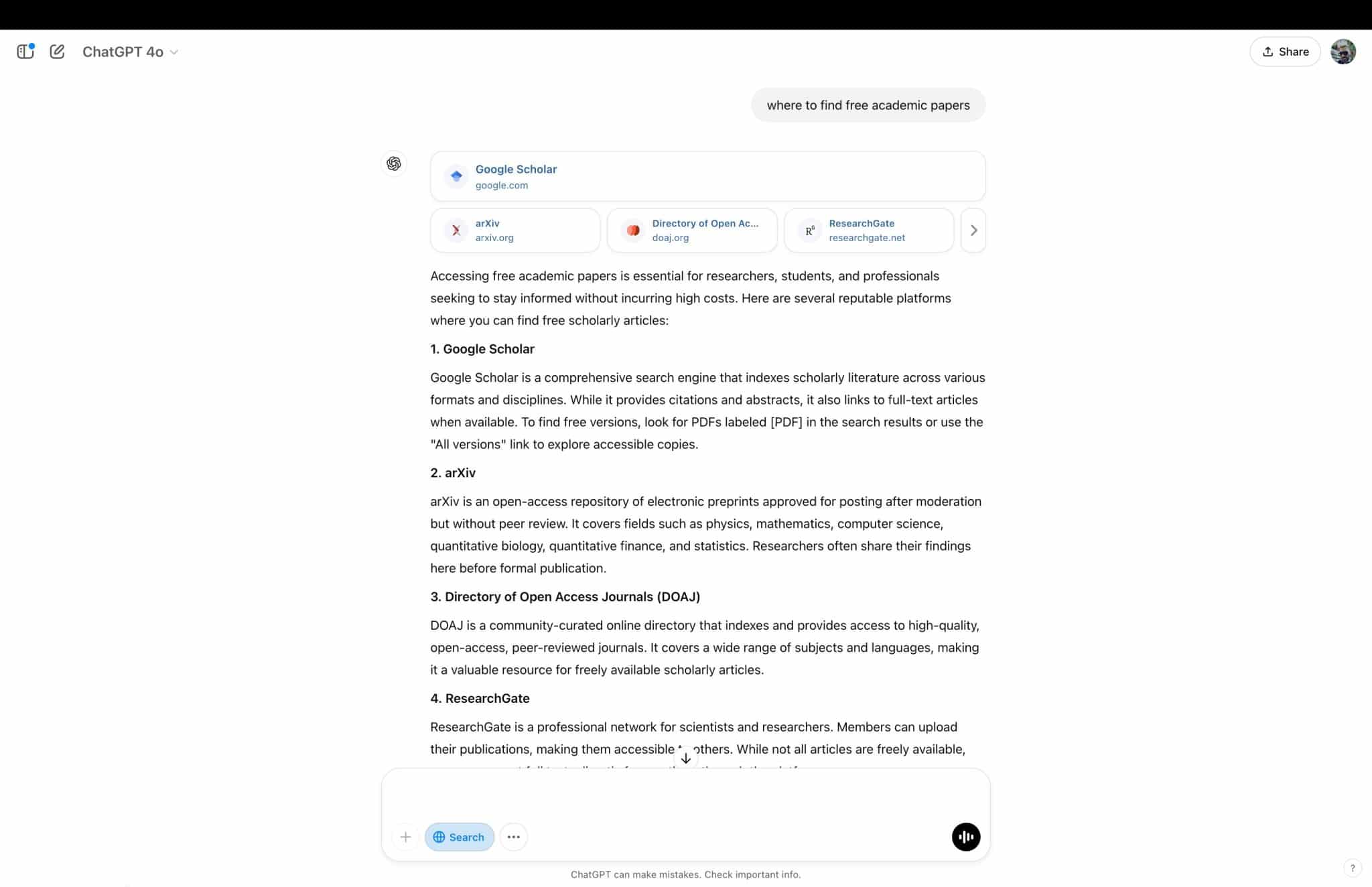 لقطة شاشة تعرض نتائج بحث ChatGPT عن أوراق أكاديمية مجانية.