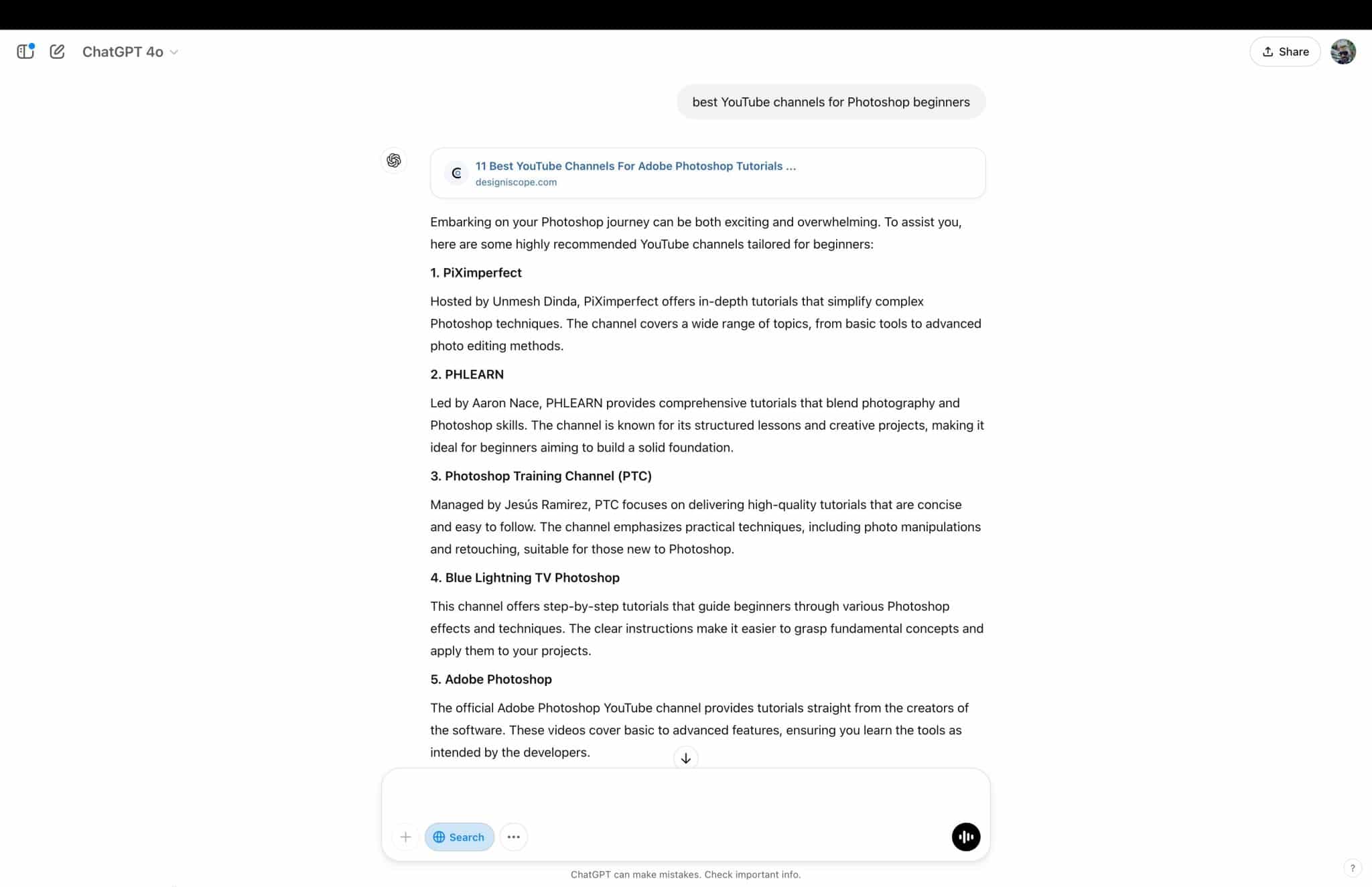 لقطة شاشة مع قائمة ببرامج Photoshop التعليمية التي اقترحها بحث ChatGPT بعد طلب محتوى ذي صلة.