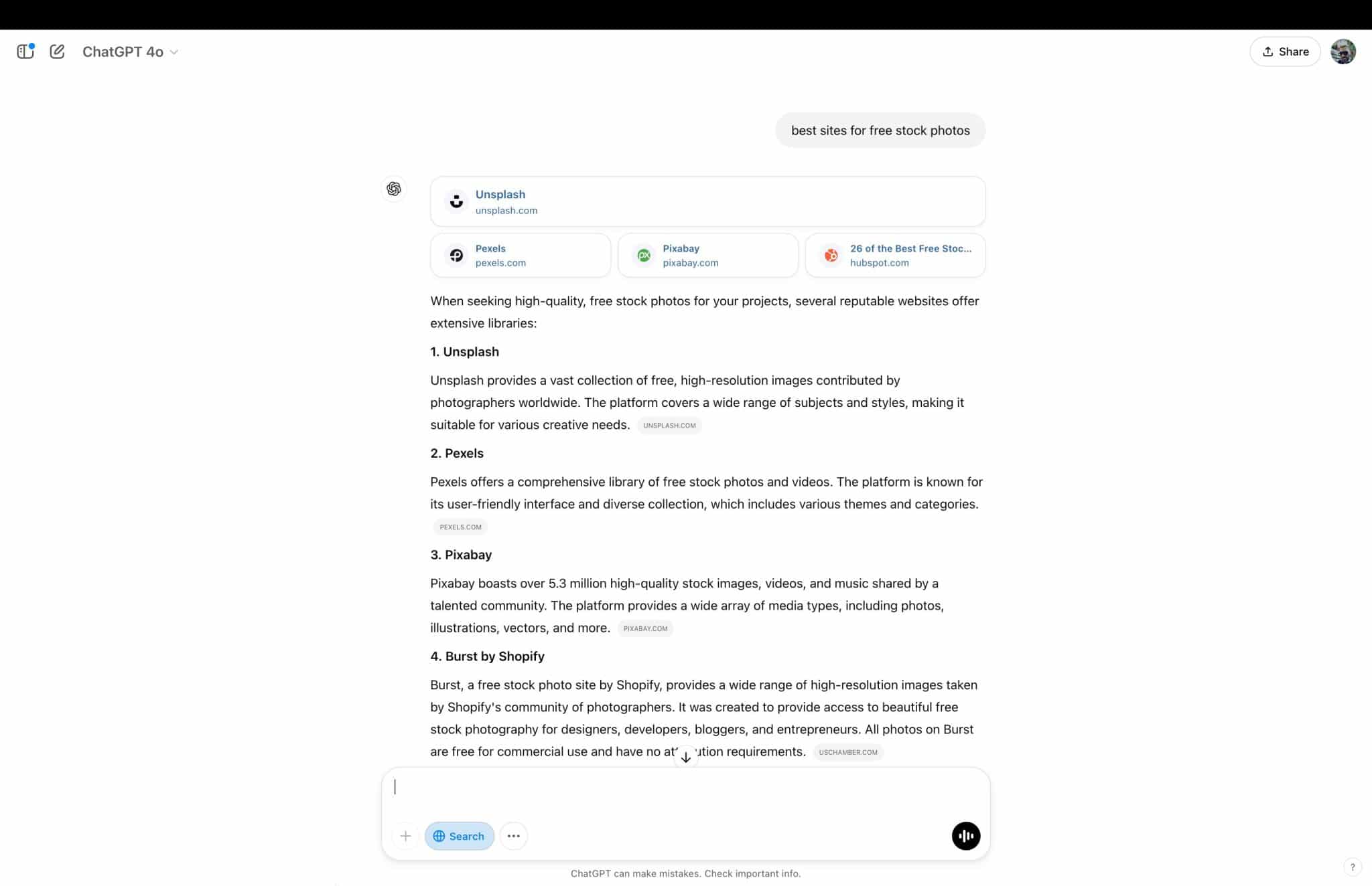 لقطة شاشة لنتائج بحث الويب التي قدمها ChatGPT بعد طلب "أفضل موقع لصور مجانية".