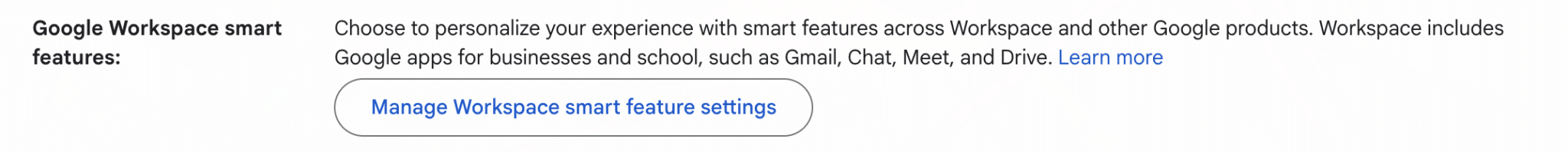 لقطة شاشة توضح إدارة إعدادات ميزات Workspace الذكية في Gmail