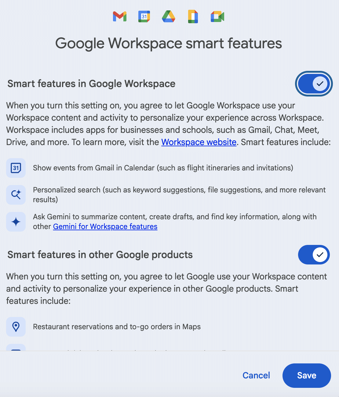 لقطة شاشة لإعدادات ميزات Google Workspace الذكية
