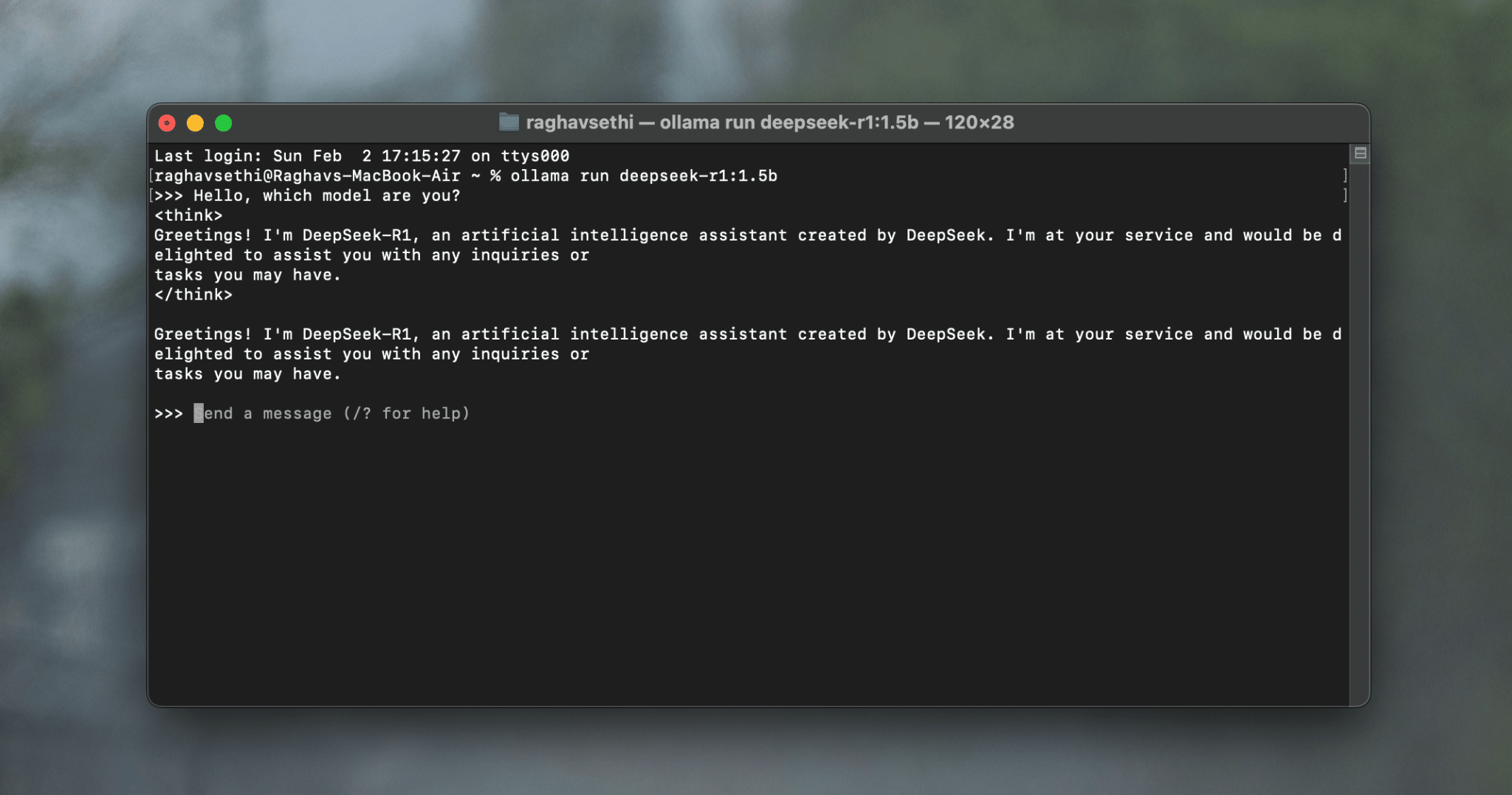 DeepSeek-R1 قيد التشغيل داخل نافذة Terminal