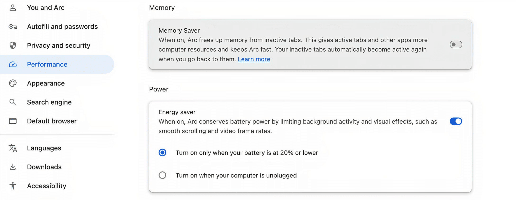 إعدادات توفير الطاقة في متصفح Arc