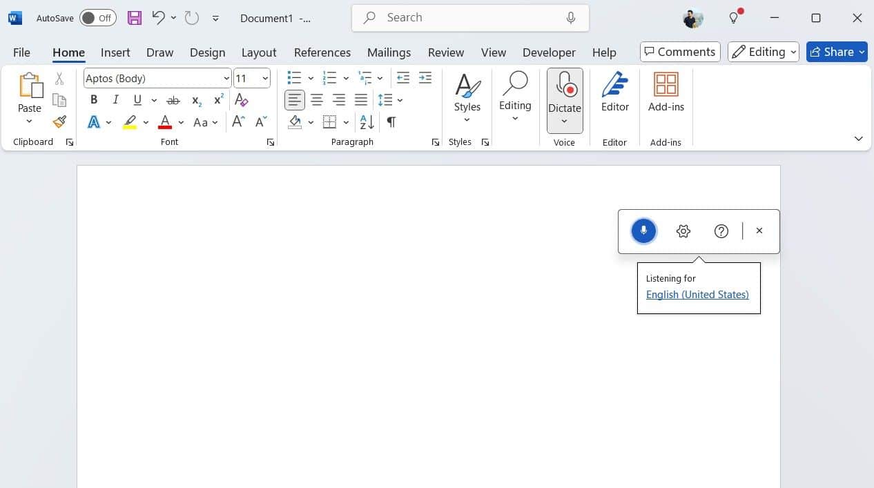 Word document with dictation tool