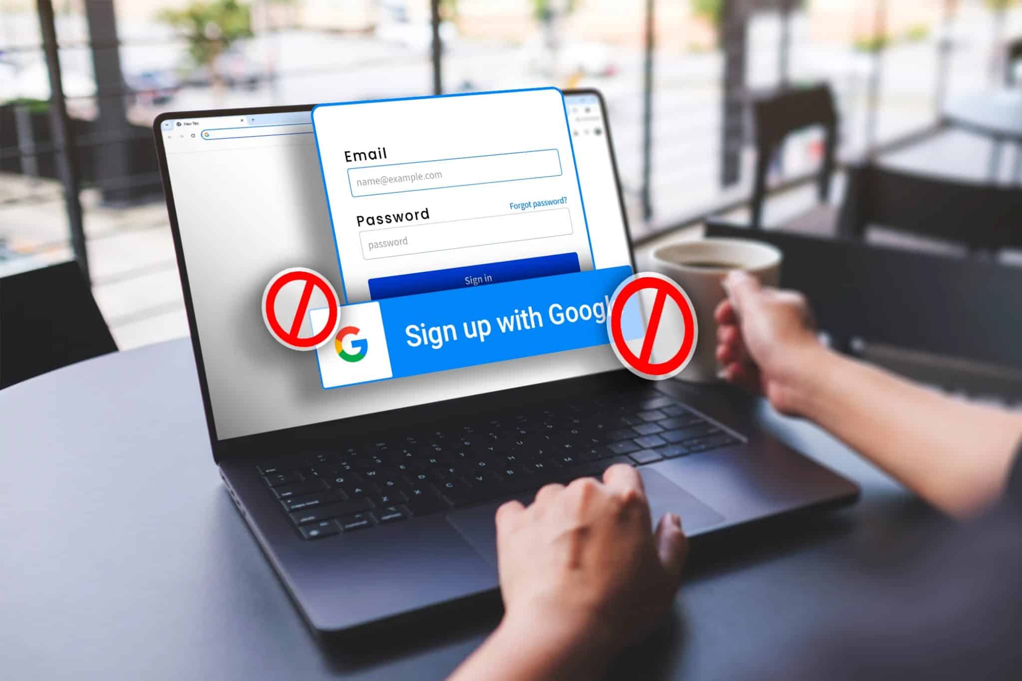 A person using a laptop, with a login window and the sign up with Google button crossed out.