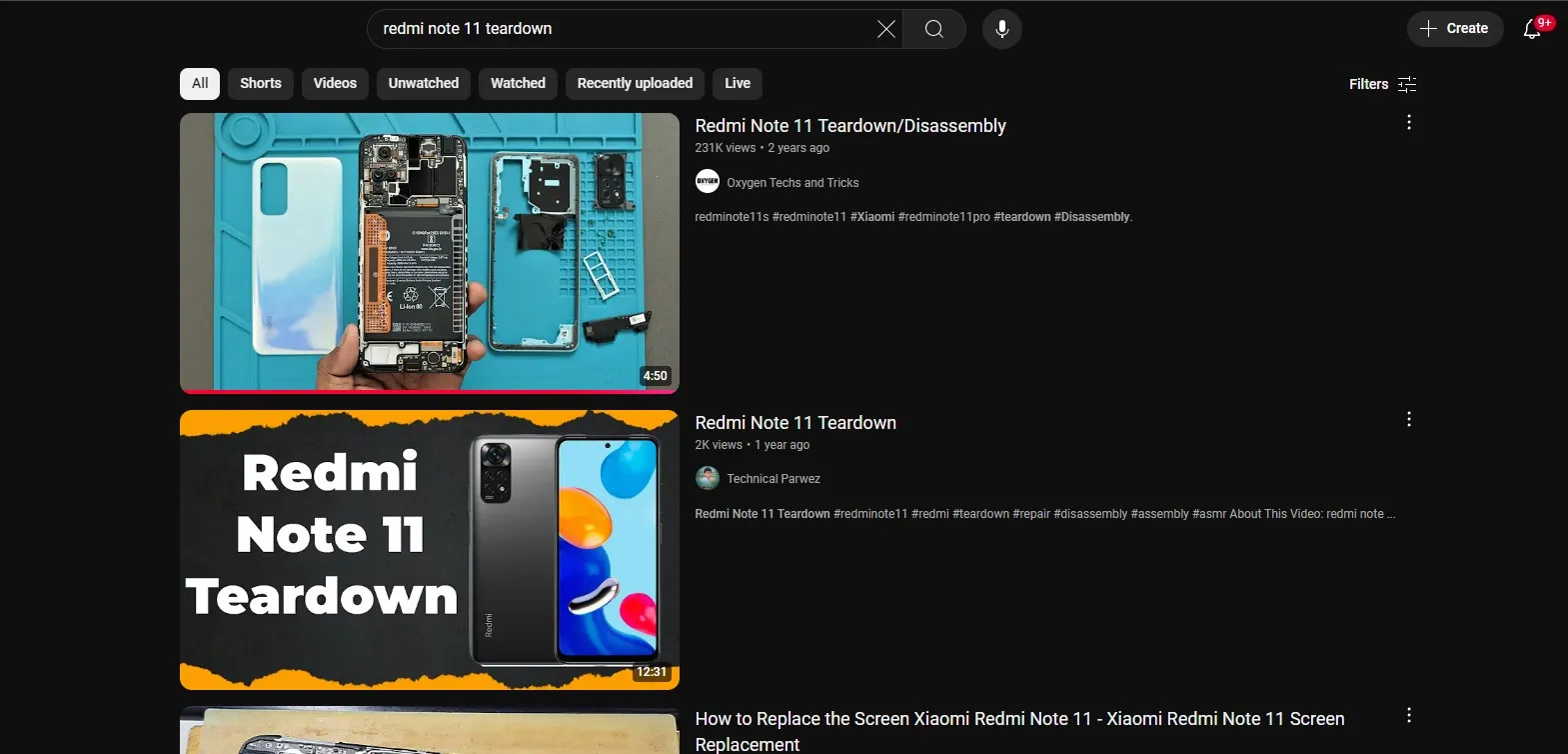 YouTube search results for Redmi Note 11 teardown
