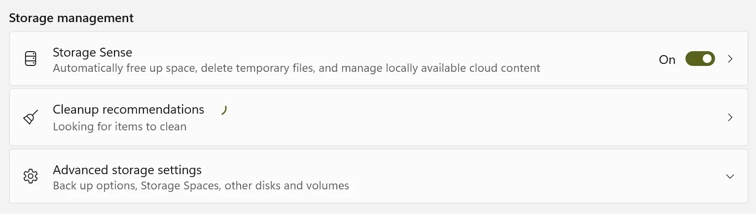 Turning on Storage Sense in the Settings app on Windows.