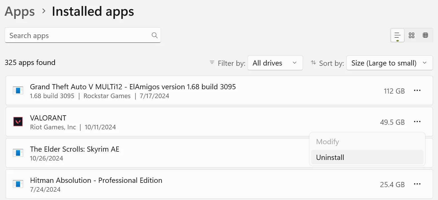 إلغاء تثبيت تطبيق Valorant في تطبيق الإعدادات على نظام التشغيل Windows.